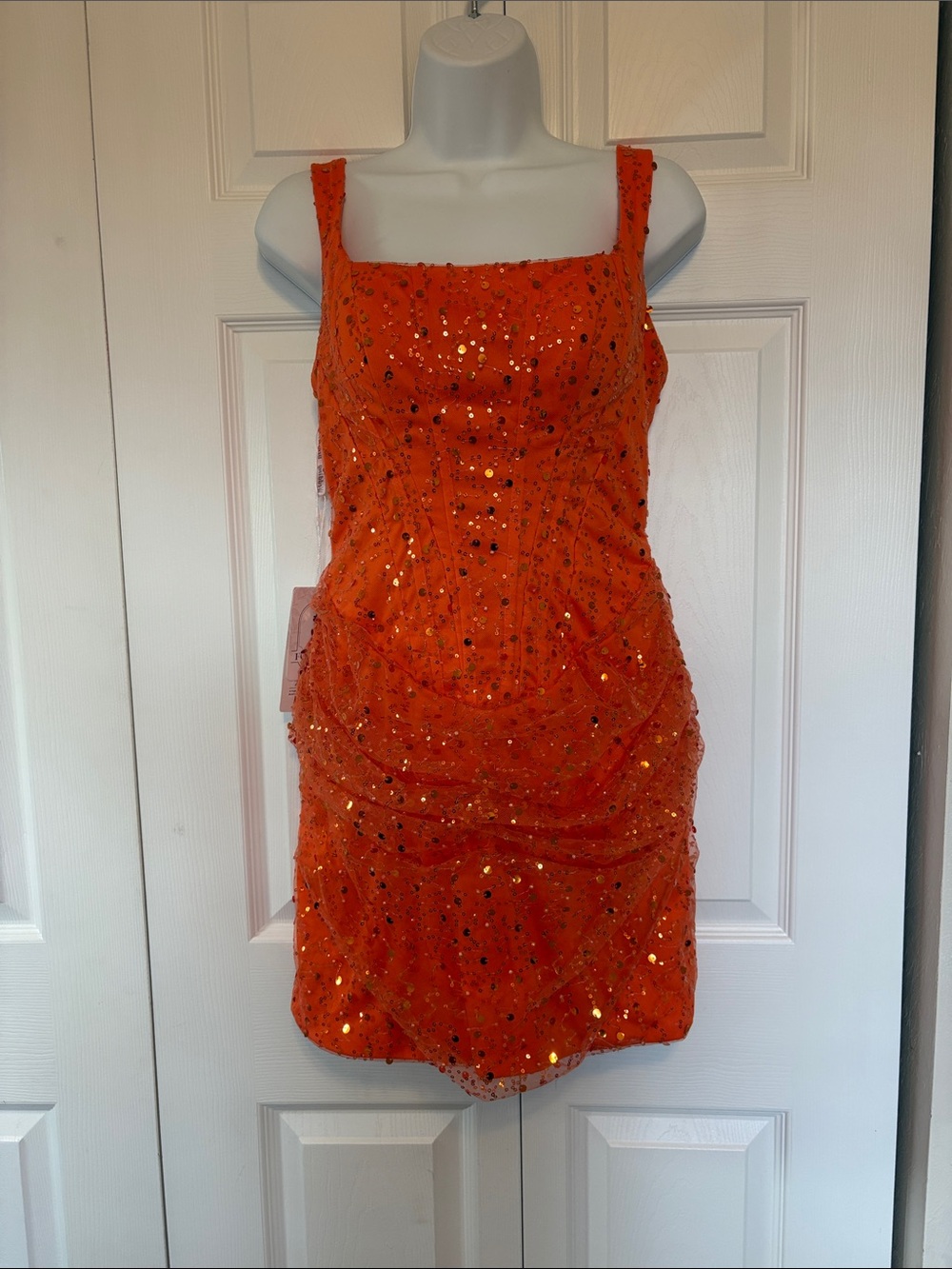 NWT Brand New Orange Sequin Mini Dress - Lace-Up Back - Size 6.